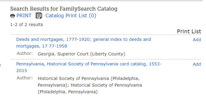 FamilySearch Catalog Search Results