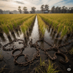 Depiction of an antebellum rice field with slave chains in the foreground. Generated by Claude AI on 8-22-2025.